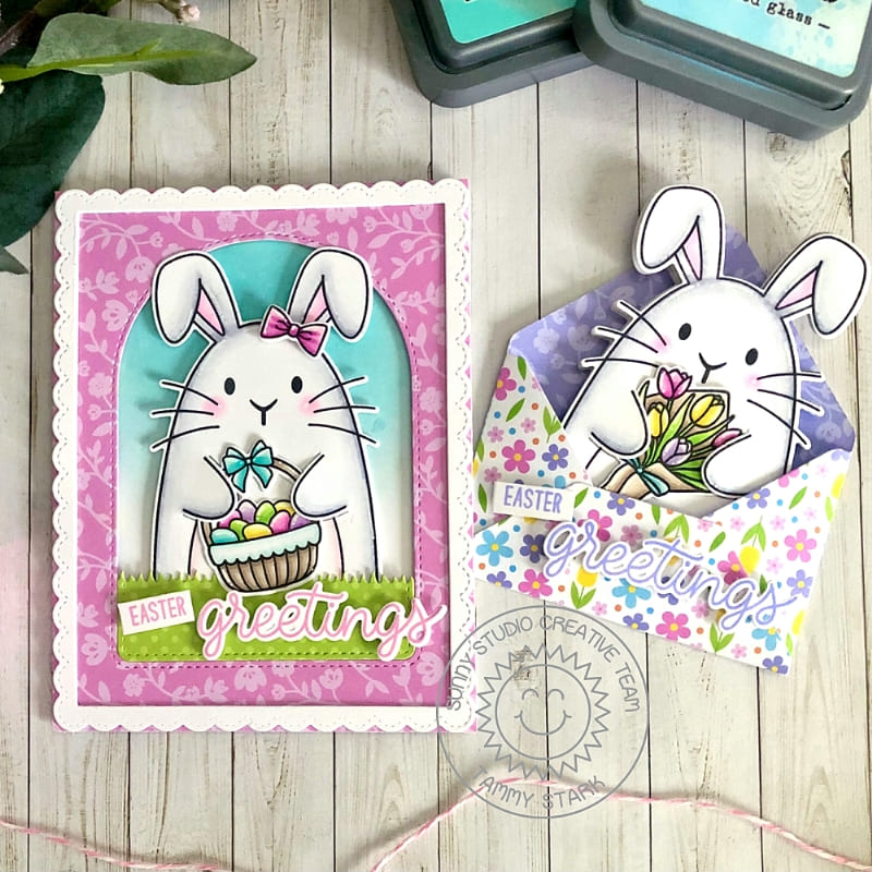 Sunny Studio Rabbit with Tulip Flowers & Easter Basket with Eggs Floral Spring Cards using Big Bunny 4x6 Clear Craft Stamps