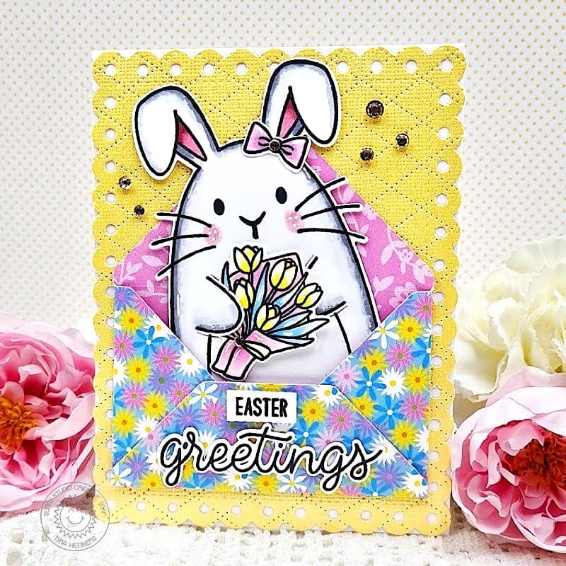 Sunny Studio Stamps Easter Bunny in Floral Envelope Scalloped Spring Card using Dotted Diamond Landscape Metal Craft Die