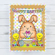 Sunny Studio Little Chicks with Big Bunny, Eggs, & Basket Scalloped Easter Card using Chickie Baby 4x6 Clear Craft Stamps