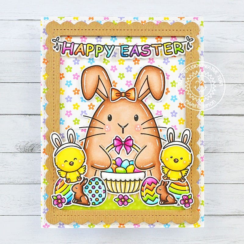 Sunny Studio Little Chicks with Large Rabbit, Eggs, & Basket Scalloped Easter Card using Big Bunny 4x6 Clear Craft Stamps