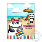 Sunny Studio Panda Bear Wearing Sunhat with Rainbow Striped Beach Bag Punny Summer Card using Big Panda Clear Craft Stamps