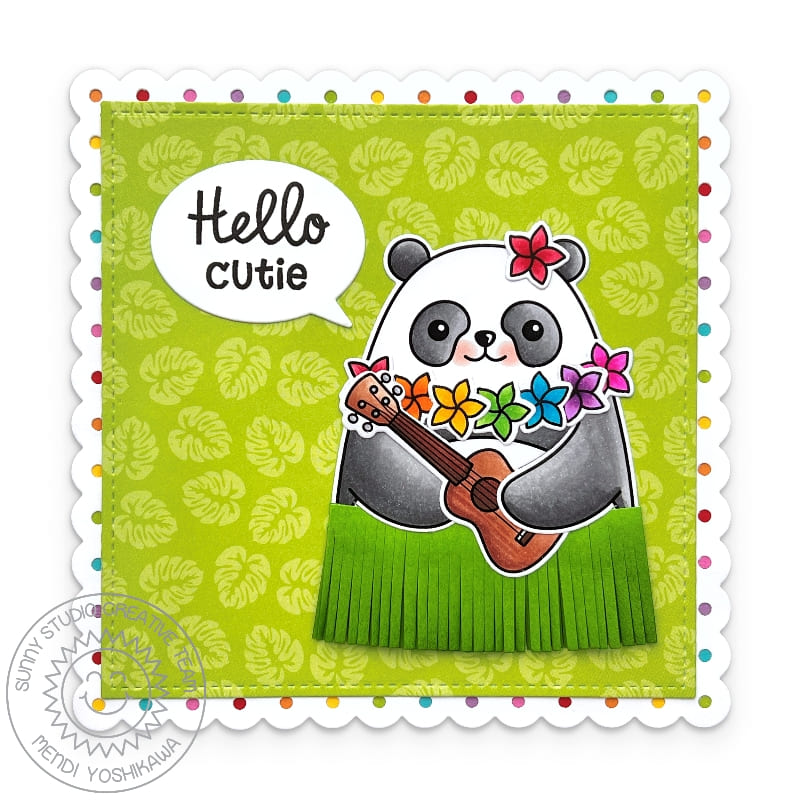 Sunny Studio Hello Cutie Hula Panda Bear Wearing Grass Skirt & Lei Playing Ukulele Card using Summer Splash 6x6 Paper Pad
