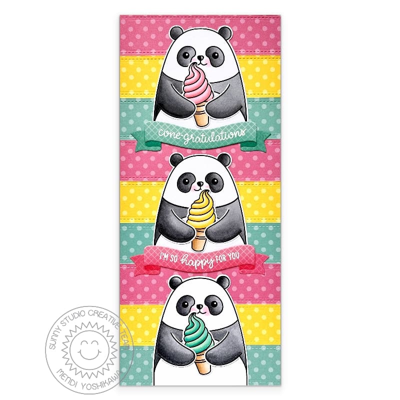 Sunny Studio Bears Eating Ice Cream Cones Cone-gratulations Punny Congrats Slimline Card using Big Panda Clear Craft Stamps