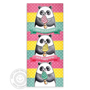 Sunny Studio Stamps Panda with Ice Cream Cone Punny Congratulations Slimline Card using Dots & Stripes Pastels 6x6 Paper