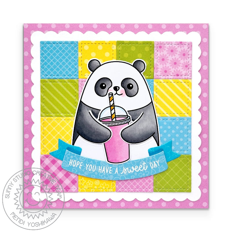 Sunny Studio Have A Sweet Day Panda Bear Drinking Smoothie Scalloped Patchwork Summer Card using Big Panda Clear Craft Stamps
