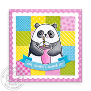 Sunny Studio Stamps Sweet Day Panda Bear Drinking Smoothie Scalloped Patchwork Summer Card using Stitched Square Craft Dies