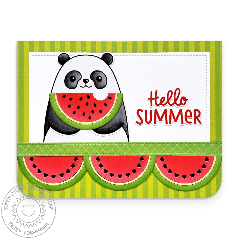 Sunny Studio Stamps Hello Summer Panda Bear Eating Watermelon Melon Green Striped Card using Sleek Stripes 6x6 Paper Pad Pack