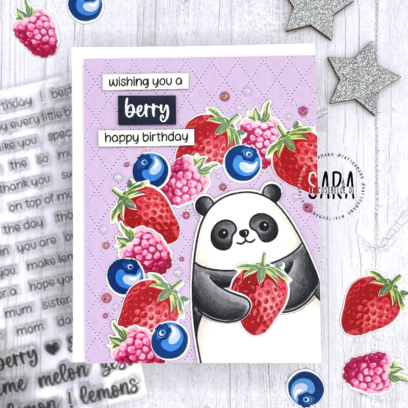 Sunny Studio Stamps Wishing You A Berry Happy Birthday Panda with Strawberries Summer Card using Dotted Diamond Craft Die