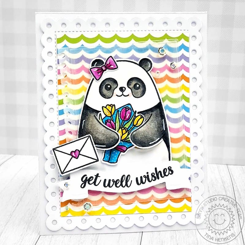 Sunny Studio Panda Bear with Tulip Flower Bouquet Rainbow Scalloped Get Well Soon Card using Big Panda 4x6 Clear Craft Stamps