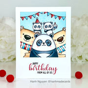 Sunny Studio Happy Birthday From All of Us Big Panda & Bear Polaroid Photo Style Card using Panda Party Clear Craft Stamps