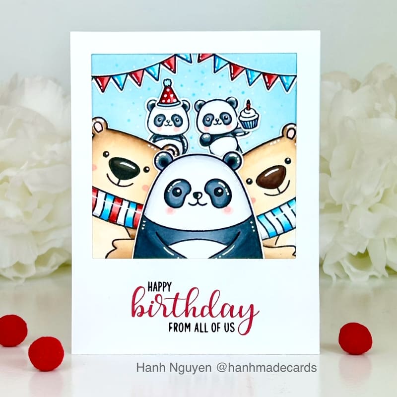 Sunny Studio Happy Birthday From All of Us Big Panda & Bear Polaroid Photo Style Card using Panda Party Clear Craft Stamps