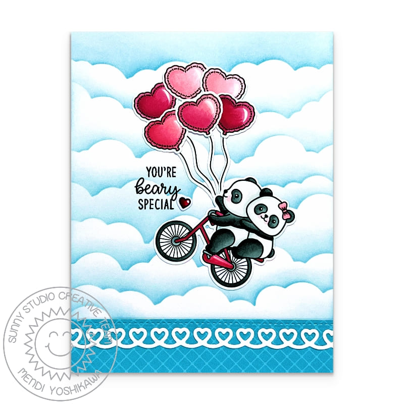 Sunny Studio Beary Special Punny Pandas Riding Bicycle with Floating Heart Balloons Card using Bighearted Bears Clear Stamps