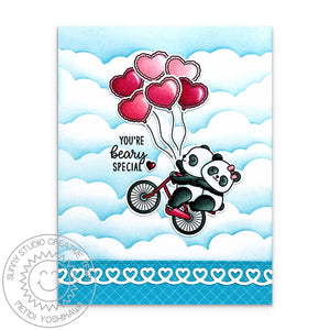 Sunny Studio Stamps Beary Special Punny Pandas Riding Bicycle with Floating Heart Balloons Card using Heartstring Border Dies