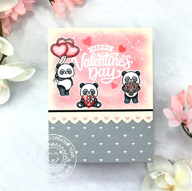 Sunny Studio Stamps Pink, Grey, & Pale Yellow Panda Bears Valentine's Day Card using Heartstring Borders Metal Cutting Dies
