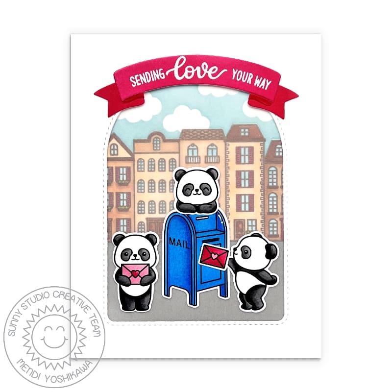 Sunny Studio Sending Love Your Way Panda with Mailbox & Letter Valentine's Day Card using Bighearted Bears Clear Stamps