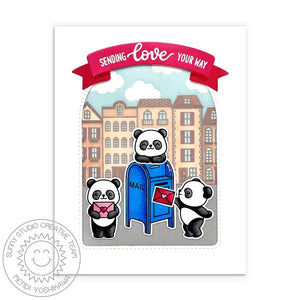 Sunny Studio Stamps Sending Love Your Way Panda with Mailbox Valentine's Day Card using Brilliant Banner 2 Metal Cutting Dies