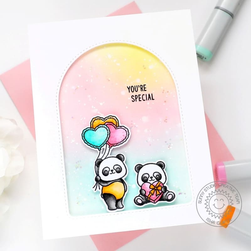 Sunny Studio Panda With Heart Balloons & Gift Box Pastel Rainbow You're Special Card using Bighearted Bears Clear Craft Stamps