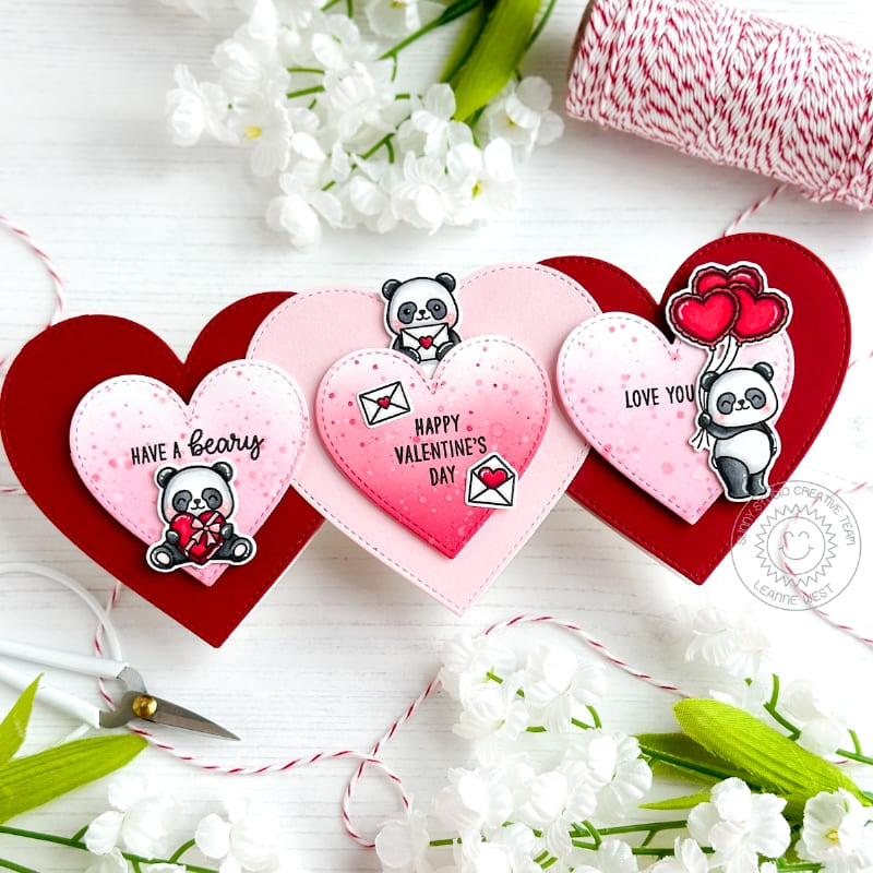 Sunny Studio Stamps Panda Bear Red & Pink Heart Shaped Slimline Valentine's Day Card using Stitched Heart Metal Cutting Dies