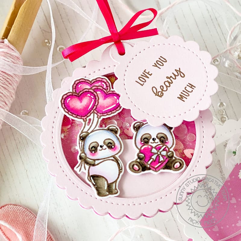 Sunny Studio Panda Love You Beary Much Pink Scalloped Valentine's Day Shaker Gift Tags using Bighearted Bears Clear Stamps