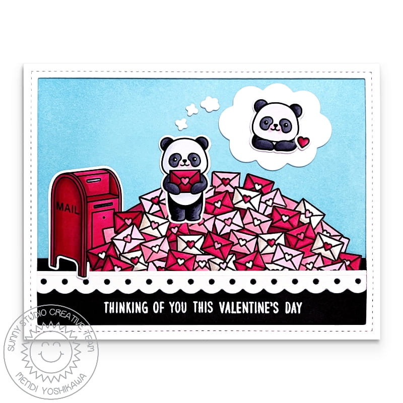 Sunny Studio Panda With Mailbox & Pile of Mail Valentine's Day Love Themed Card using Bighearted Bears 4x6 Clear Stamps