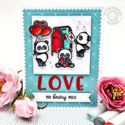 Sunny Studio Panda With Mailbox & Heart Balloons with Brick Border Aqua Valentine's Day Card using Sprawling Surfaces Stamps