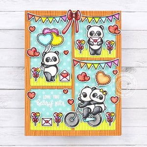 Sunny Studio Panda Bears Riding Bicycle & Holding Heart Balloons Valentine's Day Card using Bighearted Bears 4x6 Clear Stamps