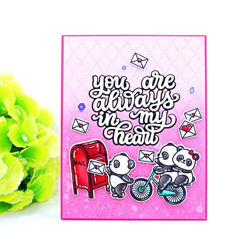 Sunny Studio Panda Bears Riding Bike & Mailing Valentines Mailbox Quilted Card using My Heart Clear Sentiment Craft Stamps