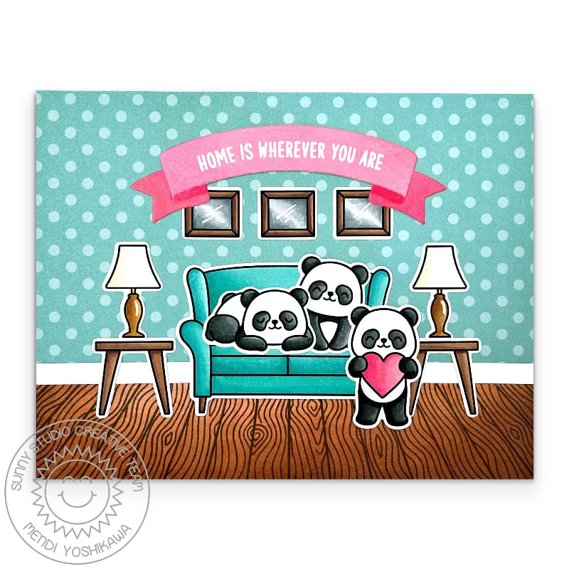 Sunny Studio Panda Bears Home is Where You Are Sofa Living Room Valentine's Day Card using Bighearted Bears 4x6 Clear Stamps