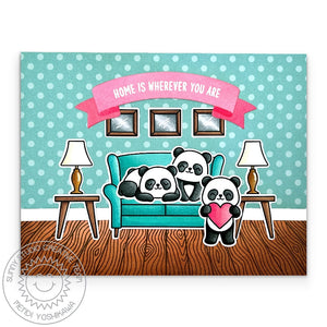 Sunny Studio Panda Bears Home is Where You Are Sofa Living Room Valentine's Day Card using Cozy Christmas 4x6 Clear Stamps