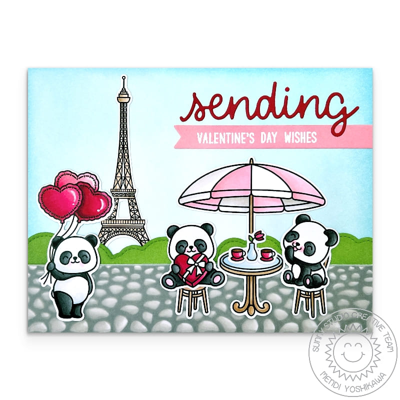 Sunny Studio Panda Bears at Paris Cafe with Balloons & Eiffel Tower Card using Sprawling Surfaces Cobblestone Border Stamps