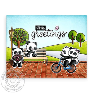 Sunny Studio Panda Bears Riding Bicycle at the Park with Bench & Trees Spring Greetings Card using Spring Scenes Clear Stamps