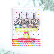 Sunny Studio Punny Kitty Cat Cupcakes on Cake Stand Rainbow Heart Scalloped Birthday Card (using Spring Sunburst 6x6 Paper Pad)