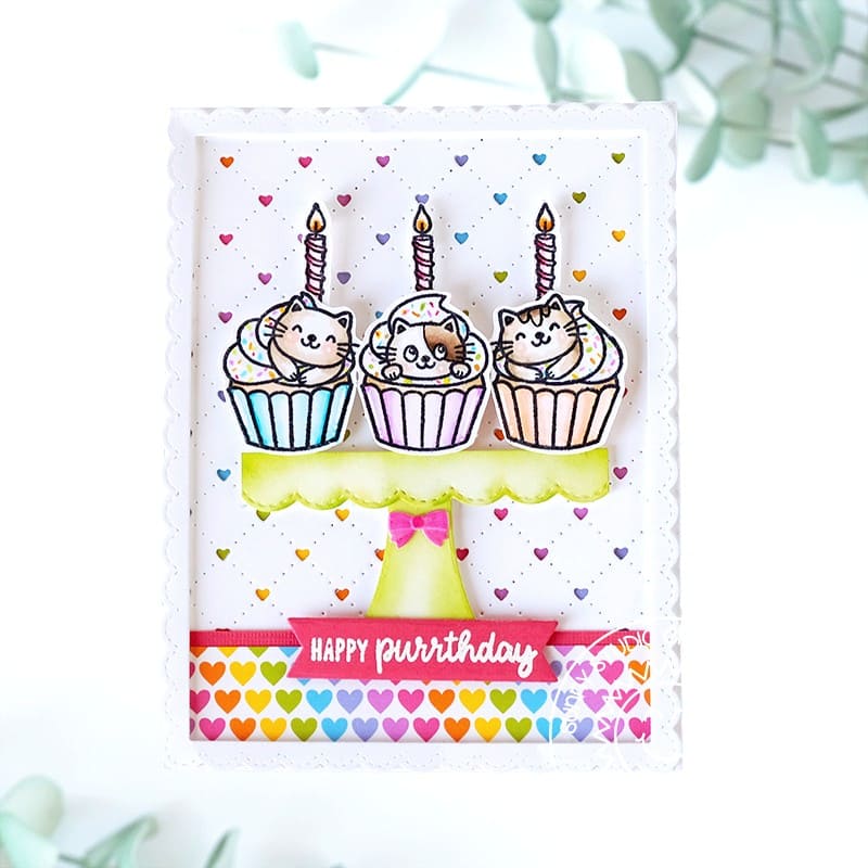 Sunny Studio Punny Kitty Cat Cupcakes on Cake Stand Rainbow Heart Scalloped Birthday Card (using Birthday Cat 4x6 Clear Stamps)