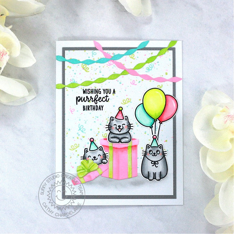 Sunny Studio Stamps Punny Cat Purrfect Birthday Card with Balloons & Streamers using Perfect Gift Boxes Metal Cutting Dies