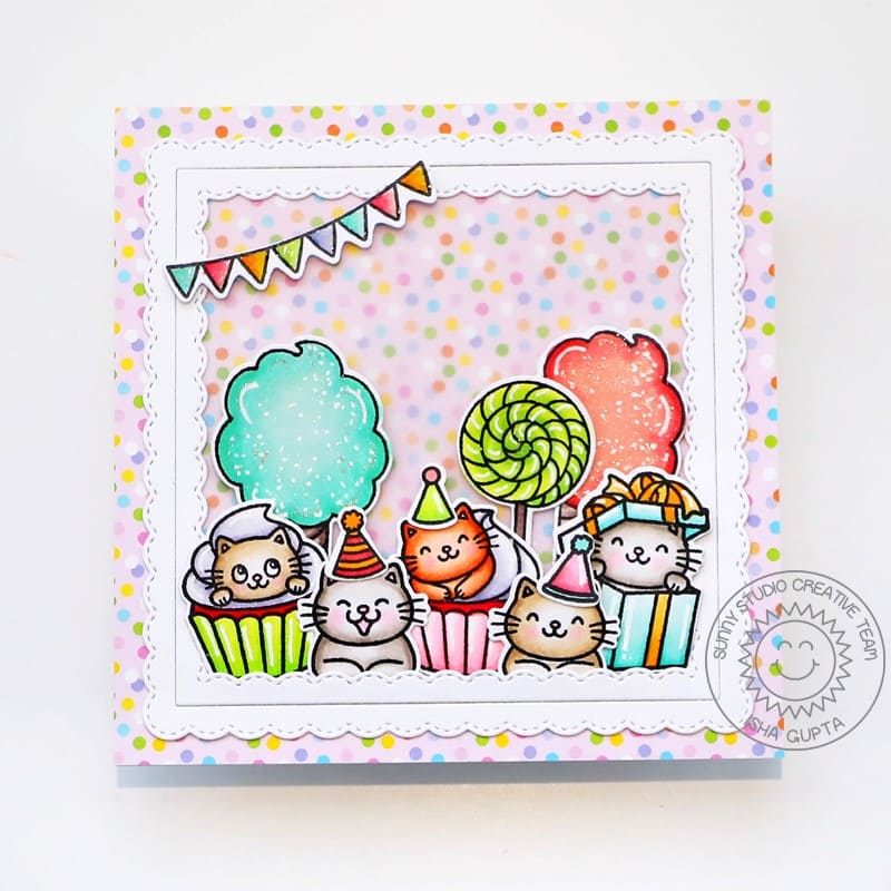 Sunny Studio Cats with Cupcakes, Cotton Candy & Lollipops in Party Hats Birthday Card (using Candy Shoppe 4x6 Clear Stamps)