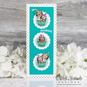 Sunny Studio Happy Purrthday Punny Kitty Cupcakes Scalloped Aqua Slimline Card (using Birthday Cat 4x6 Clear Stamps)