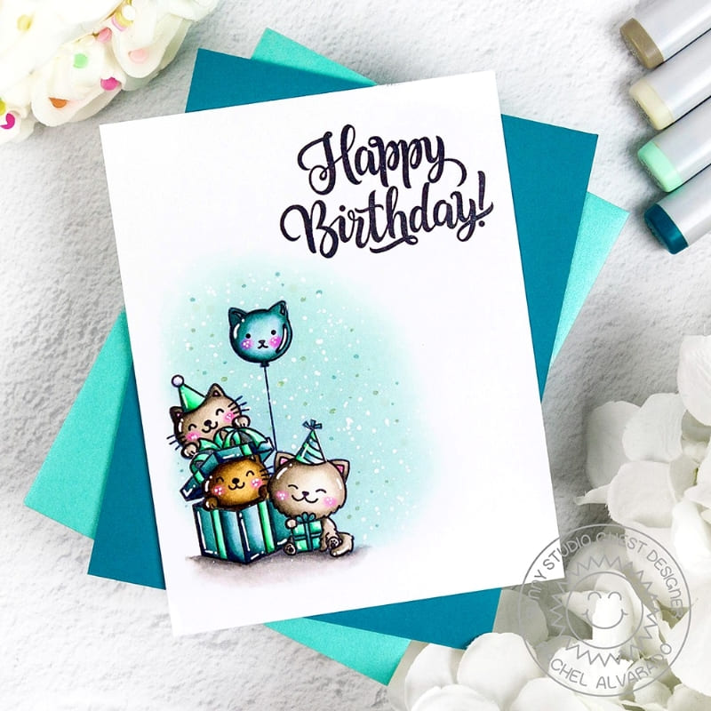 Sunny Studio Cats in Gift Box with Party Balloon Single Layer Birthday Card (using Birthday Cat 4x6 Clear Stamps)