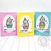 Sunny Studio Pink, Yellow & Aqua Striped Scalloped Cupcake Punny Birthday Card Set (using Birthday Cat 4x6 Clear Stamps)