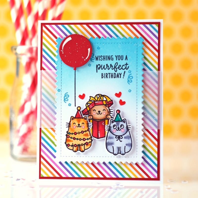 Sunny Studio Rainbow Striped Kitty Cats in Gift Box With Red Balloon Punny Card (using Birthday Cat 4x6 Clear Stamps)