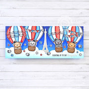 Sunny Studio Red, White & Blue Hot Air Balloons with Eiffel Tower Bastille Day Slimline Card using Balloon Rides Clear Stamp