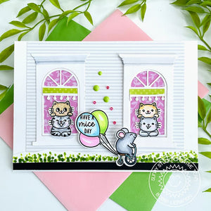 Sunny Studio Have A Mice Day Mouse Riding Tricycle with Balloons & Cats in Windows Card (using Birthday Mouse Clear Stamps)