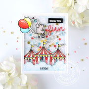 Sunny Studio Mouse Riding Tricycle on High Wire with Balloons & Circus Tents Birthday Card (using Country Carnival Clear Stamps)