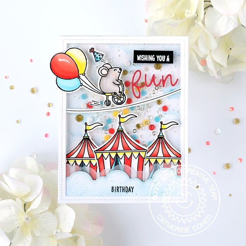 Sunny Studio Mouse Riding Tricycle on High Wire with Balloons & Circus Tents Birthday Card (using Country Carnival Clear Stamps)