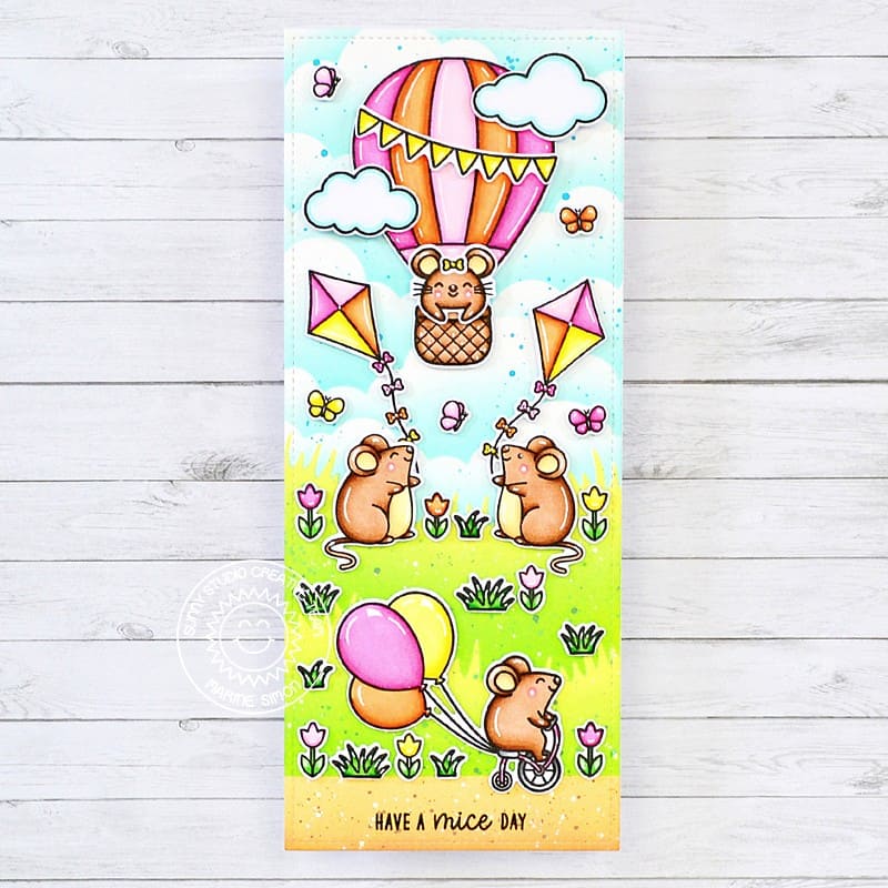 Sunny Studio Mice Flying Kites, Hot Air Balloon and Riding Tricycle Slimline Card using Spring Showers 4x6 Clear Stamps