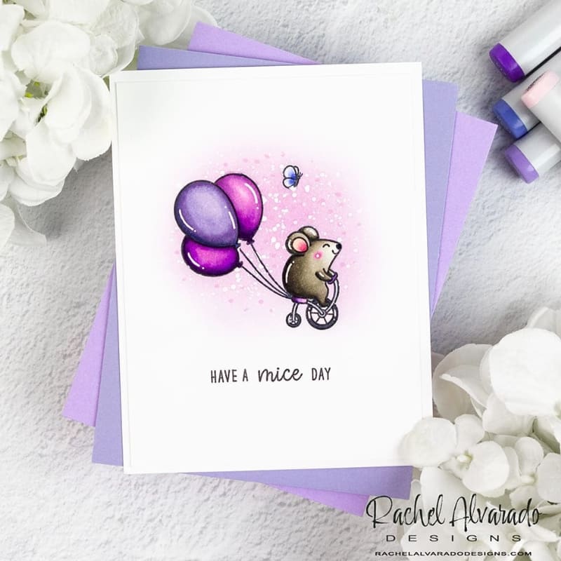 Sunny Studio Have A Mice Day Mouse on Tricycle with Lavender Balloons Card (using Birthday Mouse 2x3 Clear Stamps)