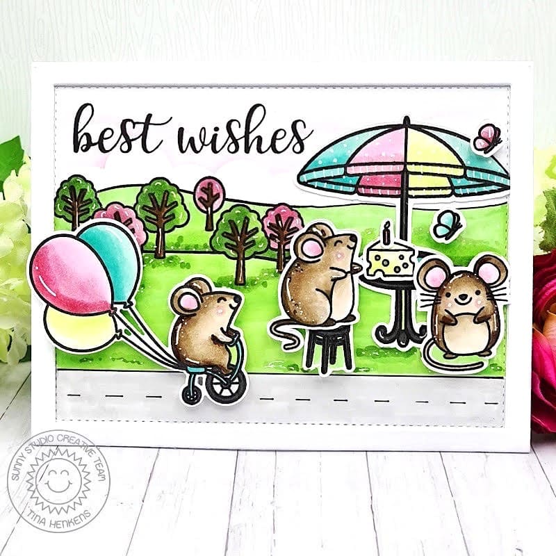 Sunny Studio Mice Birthday Party at the Park Card with Balloons & Cheese Cake (using Birthday Mouse 2x3 Clear Stamps)