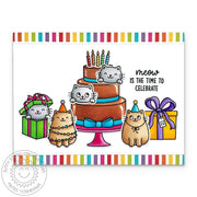 Sunny Studio Meow is the Time to Celebrate Cats with Gifts & 3 Tier Chocolate Cake Card using Birthday Cat Clear Craft Stamps