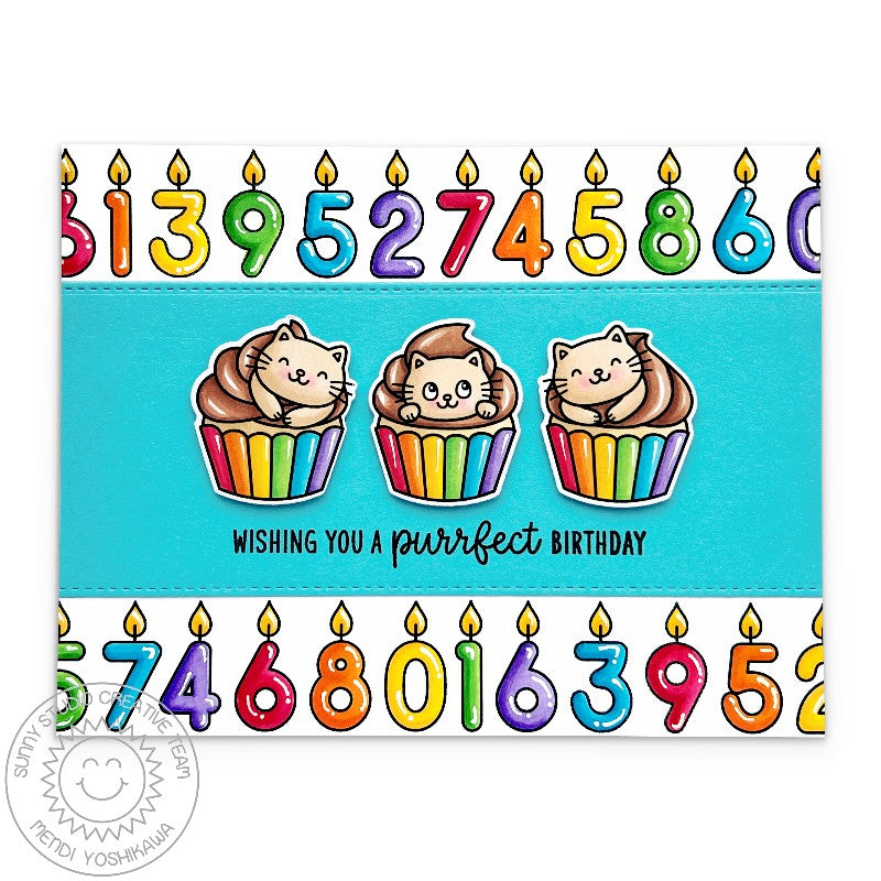 Sunny Studio Wishing You A Purrfect Birthday Cats in Cupcakes with Rainbow Candles Card using Birthday Cat Clear Craft Stamps