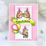 Sunny Studio Stamps Mice in Party Hats & Mouse with Balloons Pink Embossed Birthday Card using Brilliant Banner 3 Craft Dies