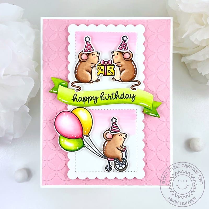 Sunny Studio Stamps Mice in Party Hats & Mouse with Balloons Pink Embossed Birthday Card using Brilliant Banner 3 Craft Dies